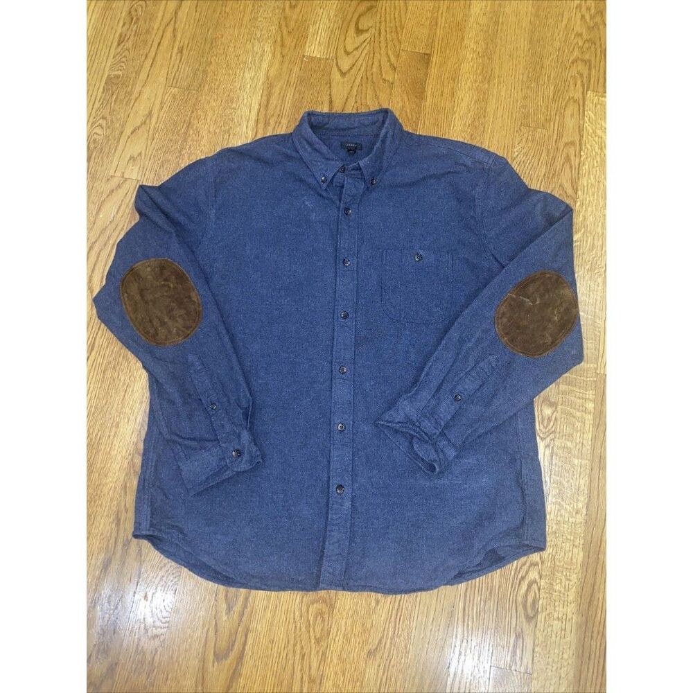 J. Crew Leather Elbow Patch Blue Cotton  Flannel Button Up Shirt Sz XL